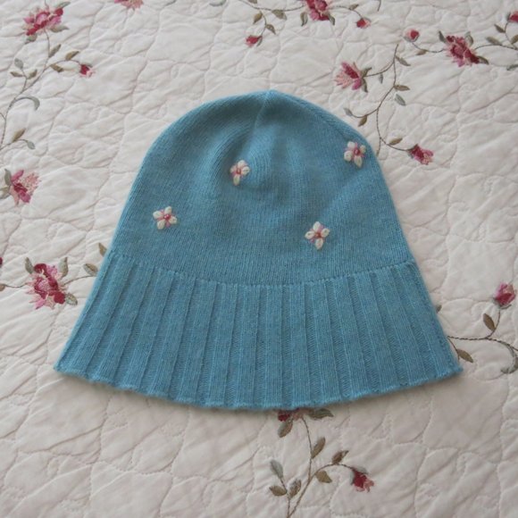 Portolano Blue 100% Cashmere Pink Flower Bead Embroidery Long Scarf and Hat Set - Picture 4 of 6